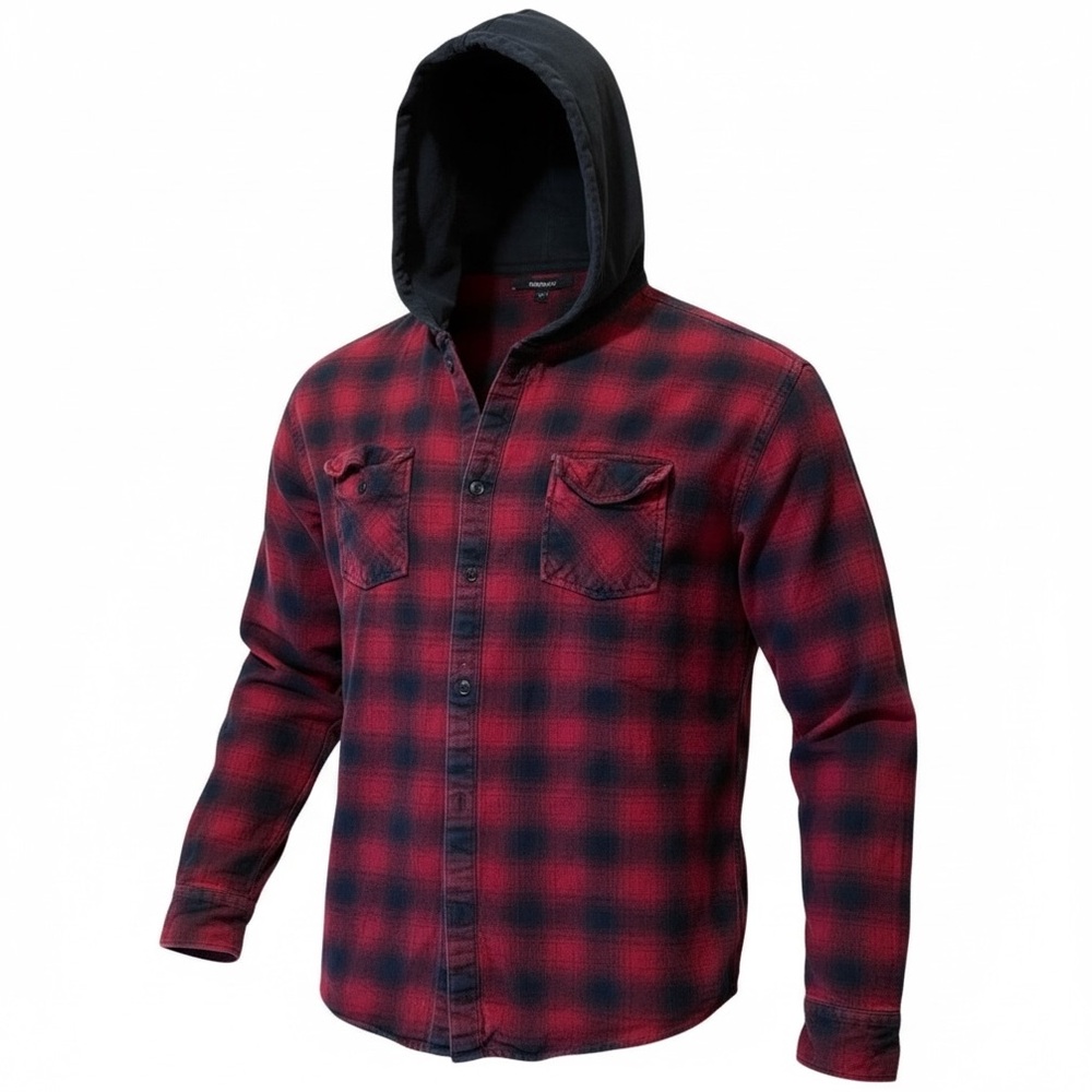 Red Buffalo Plaid Flannel Jacket Hooded Heavy Cotton L Camping Outdoor Grunge